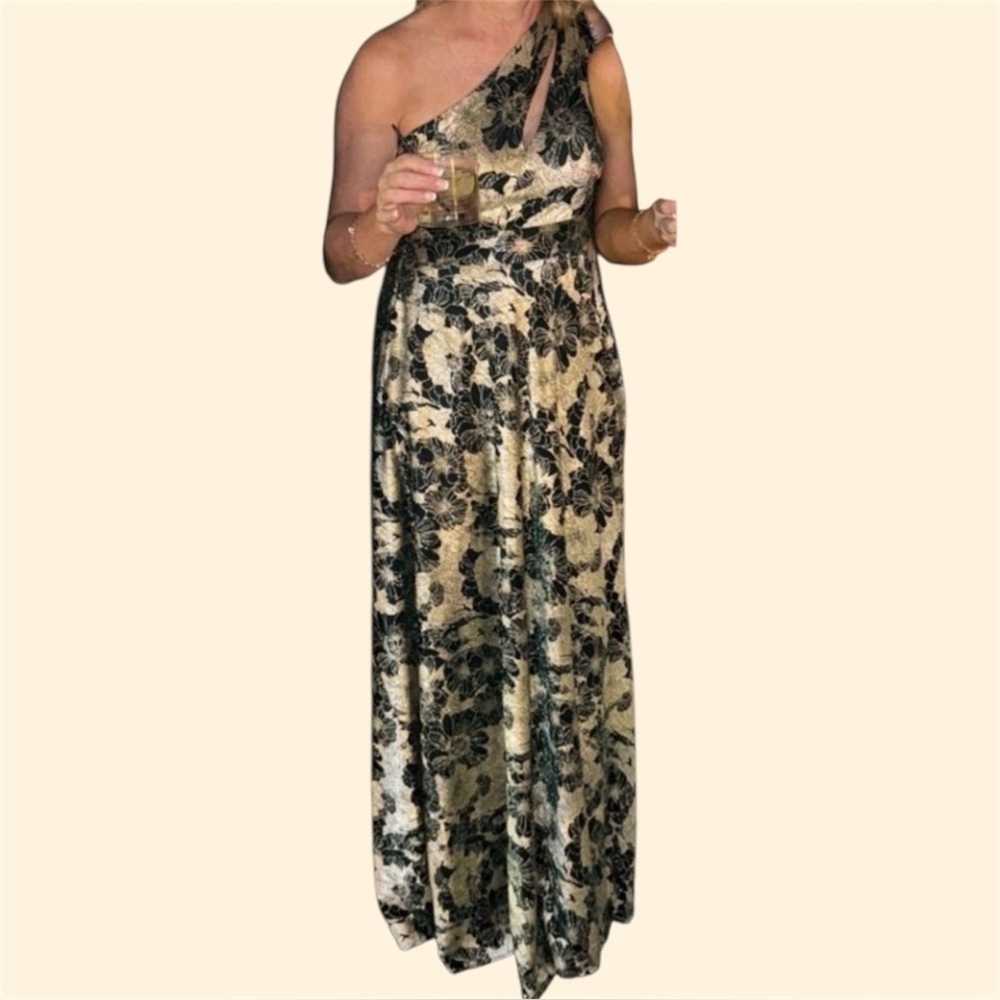 Betsy & Adam One-Shoulder Gold & Black Gown Dress Green Shimmer Womens Size 10 - Picture 7 of 9
